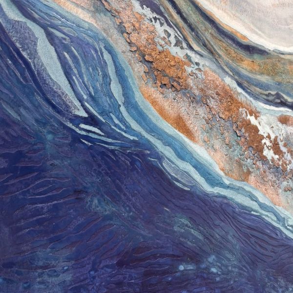 Close-up of Beyond Blue III by Jennifer Newman showing raised copper fragments, turquoise and deep blue textured ridges